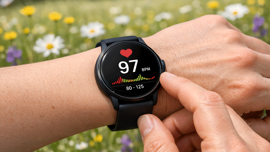 Écran de montre sportive connectée affichant les zones de fréquence cardiaque