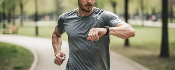 Coureur vérifiant sa montre GPS connectée pendant un entraînement running en parc