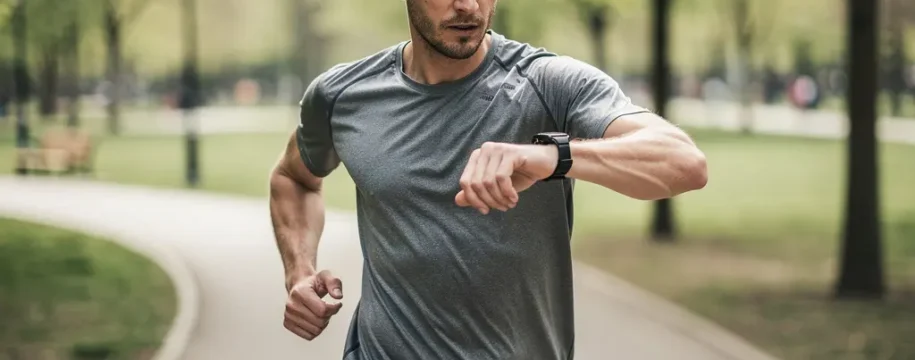 Coureur vérifiant sa montre GPS connectée pendant un entraînement running en parc
